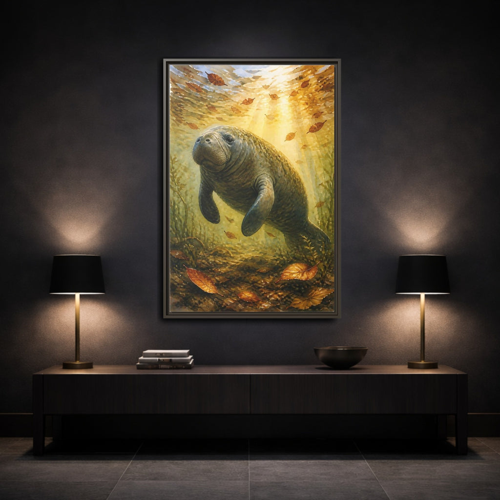 Mockup 3. Animals Manatee Brown And Gold shown as stretched canvas wall art
