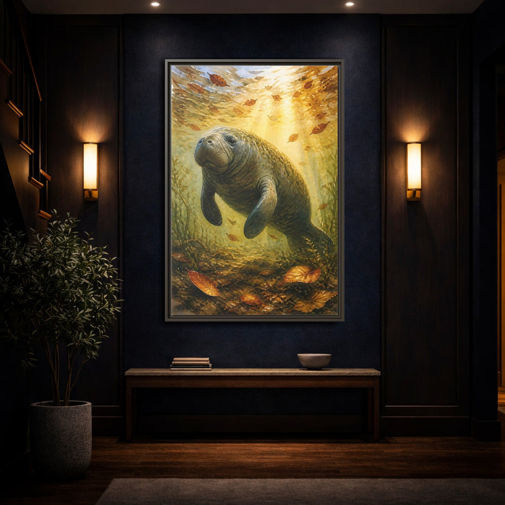 Mockup 4. Animals Manatee Brown And Gold shown as stretched canvas wall art