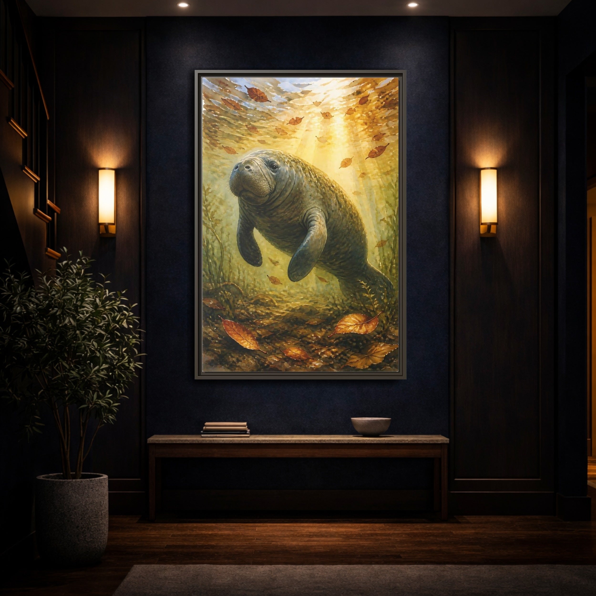 Mockup 4. Animals Manatee Brown And Gold shown as stretched canvas wall art