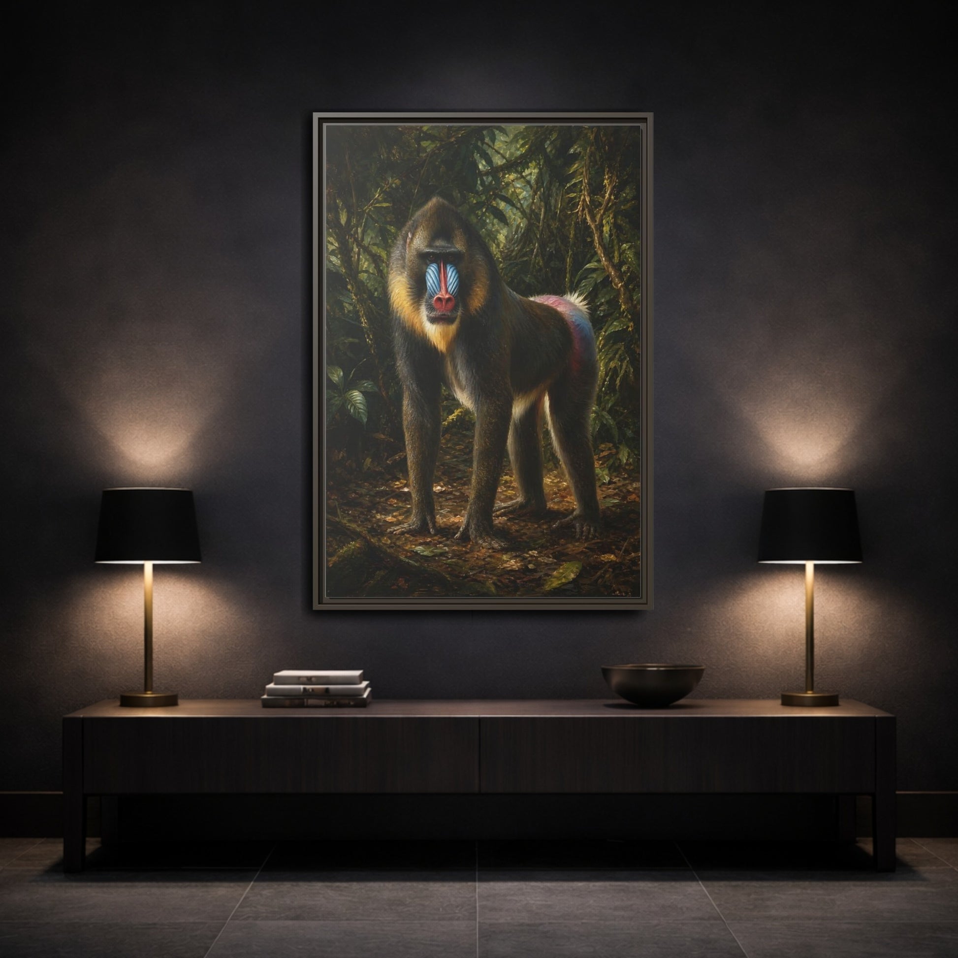 Mockup 3. Animals Mandrill Colorful Mandrill shown as stretched canvas wall art