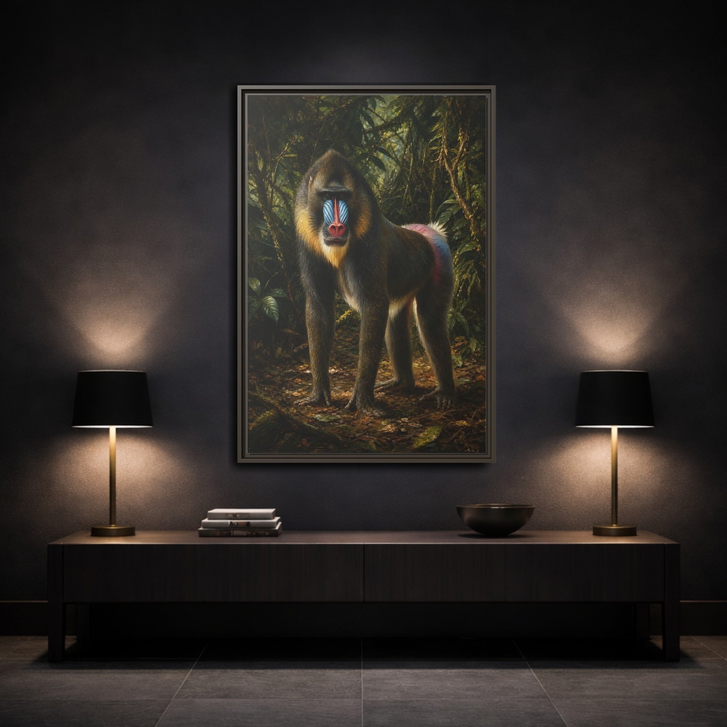 Mockup 3. Animals Mandrill Colorful Mandrill shown as stretched canvas wall art