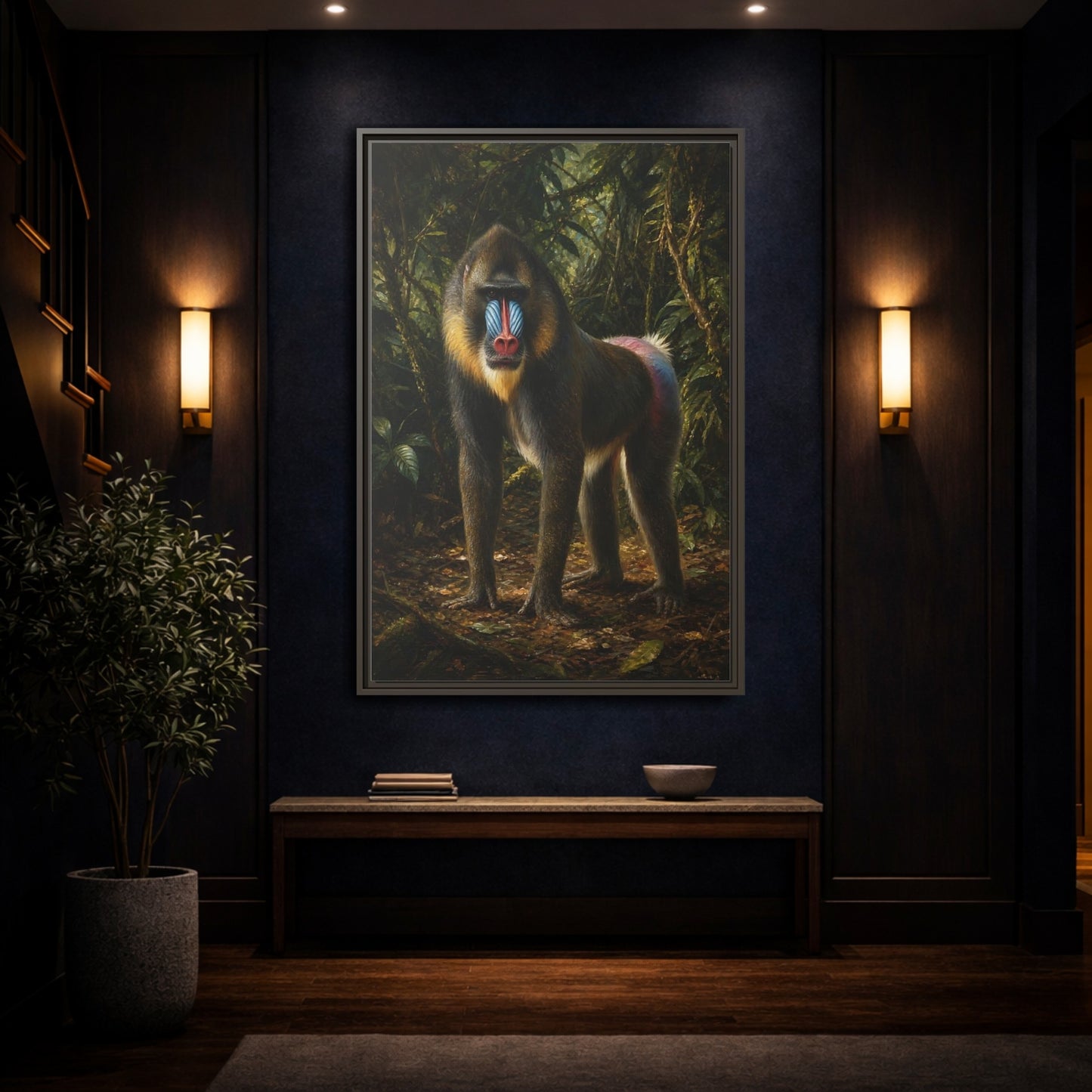 Mockup 4. Animals Mandrill Colorful Mandrill shown as stretched canvas wall art