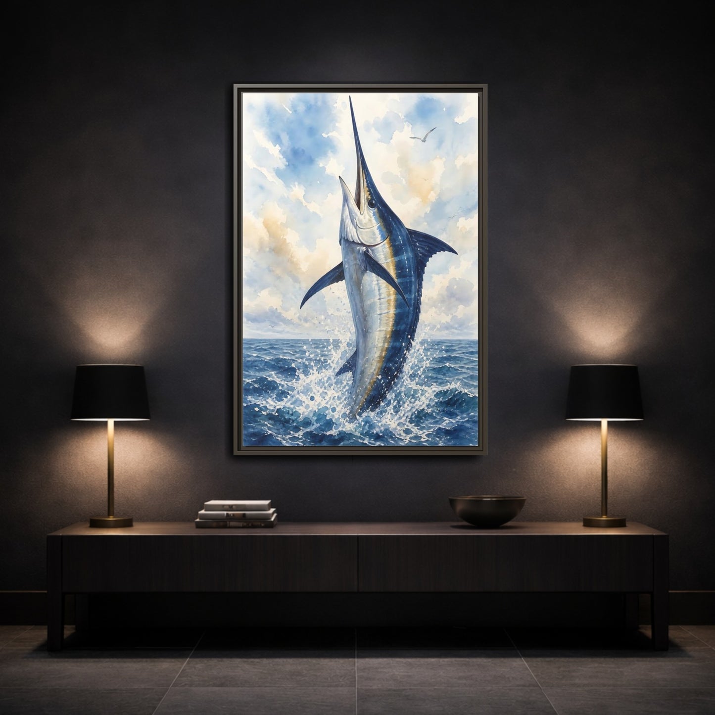 Mockup 3. Animals Marlin Blue Marlin shown as stretched canvas wall art