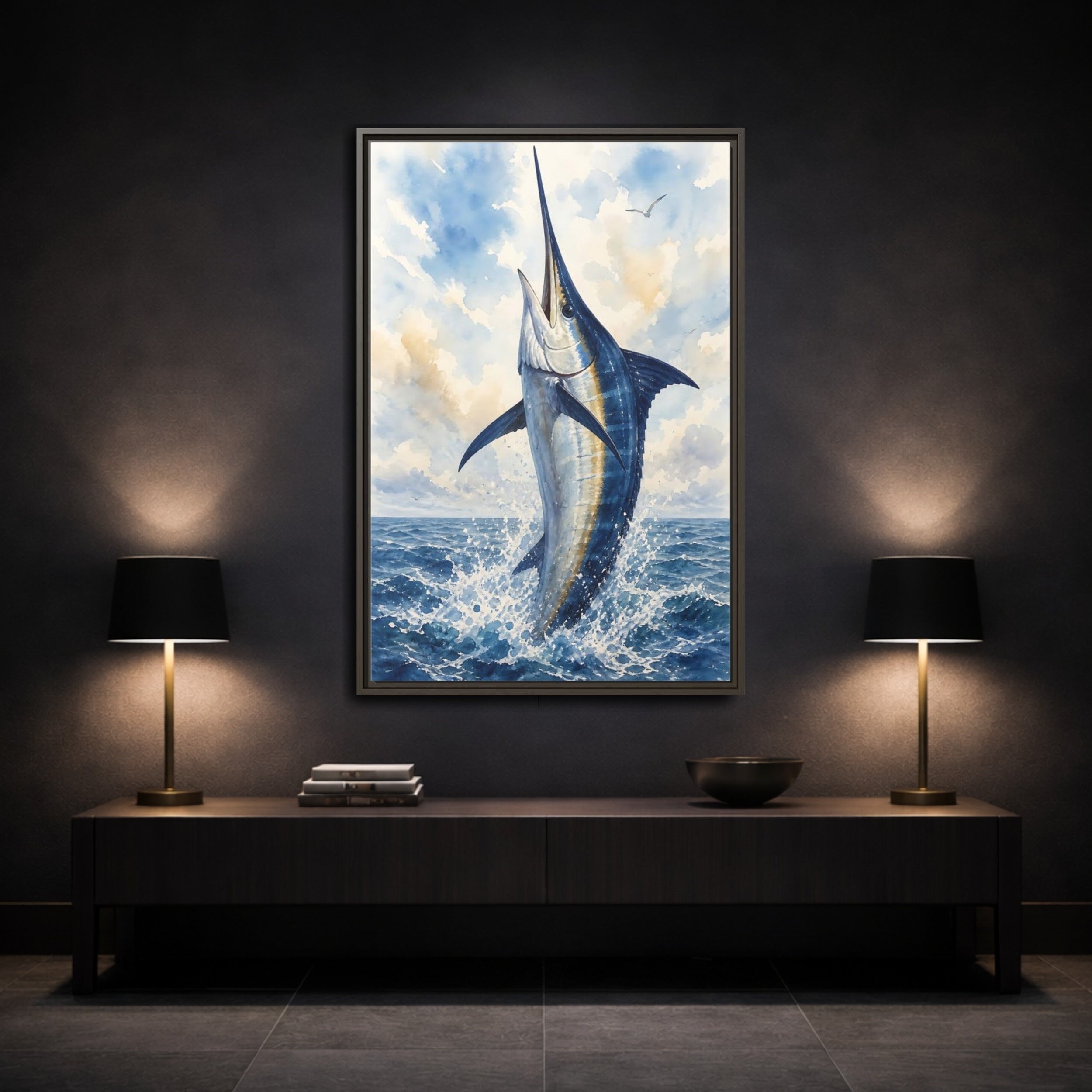 Mockup 3. Animals Marlin Blue Marlin shown as stretched canvas wall art