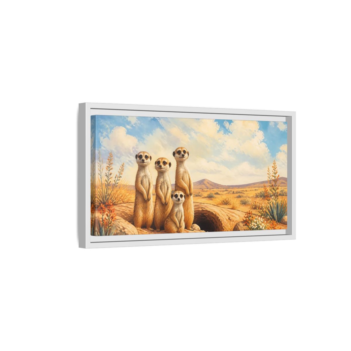 Side Mockup 6. Animals Meerkats Desert Meerkats shown as stretched canvas wall art