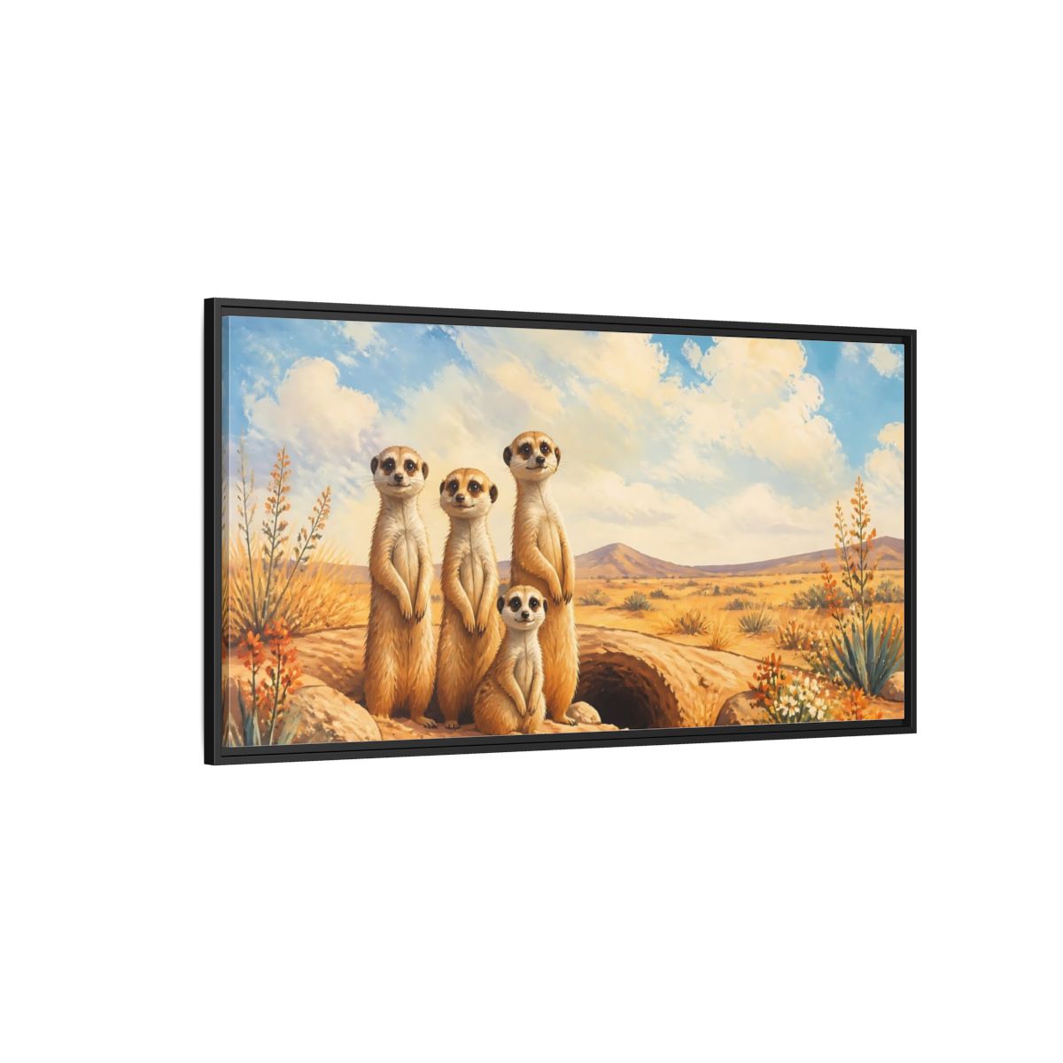 Side Mockup 5. Animals Meerkats Desert Meerkats shown as stretched canvas wall art