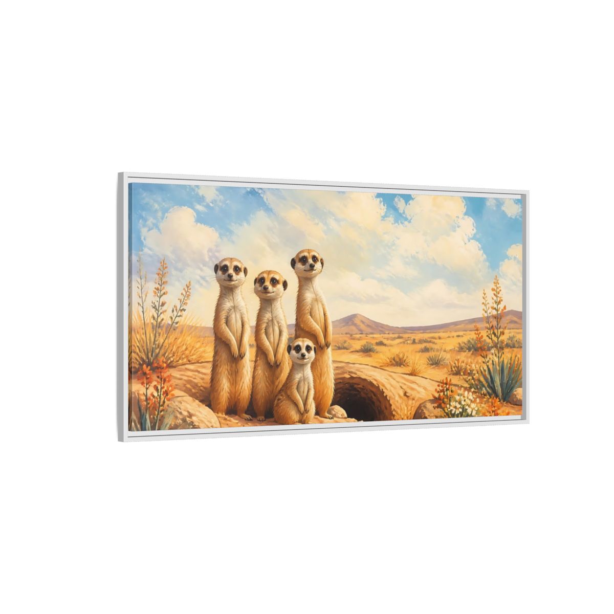 Side Mockup 3. Animals Meerkats Desert Meerkats shown as stretched canvas wall art