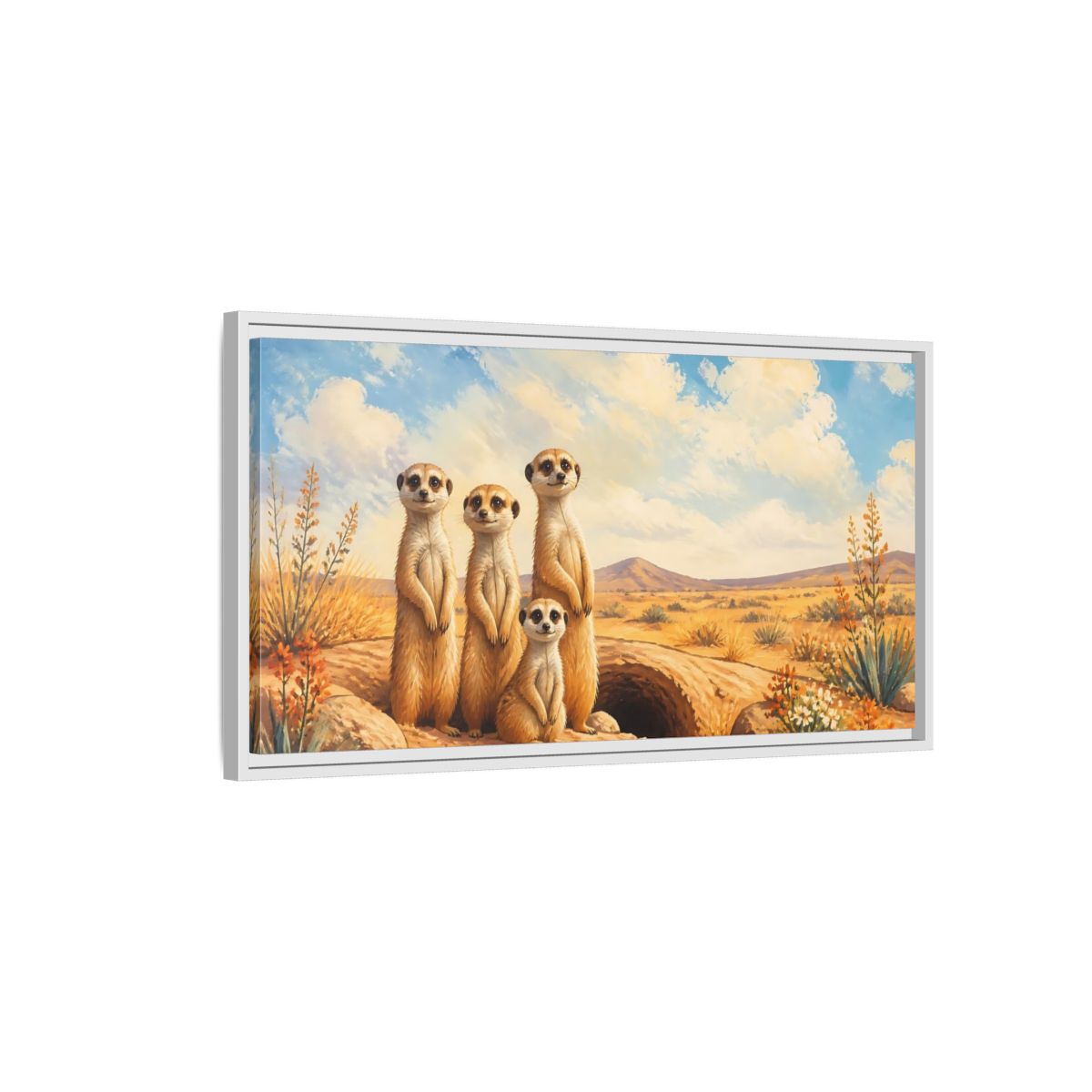 Side Mockup 1. Animals Meerkats Desert Meerkats shown as stretched canvas wall art