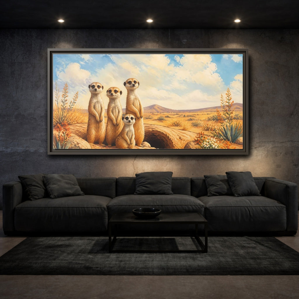 Mockup 3. Animals Meerkats Desert Meerkats shown as stretched canvas wall art