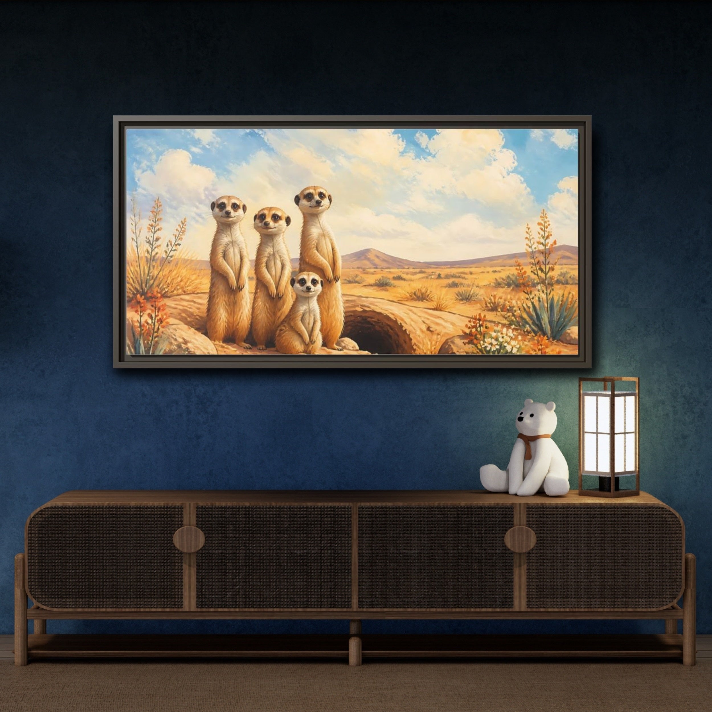 Mockup 4. Animals Meerkats Desert Meerkats shown as stretched canvas wall art