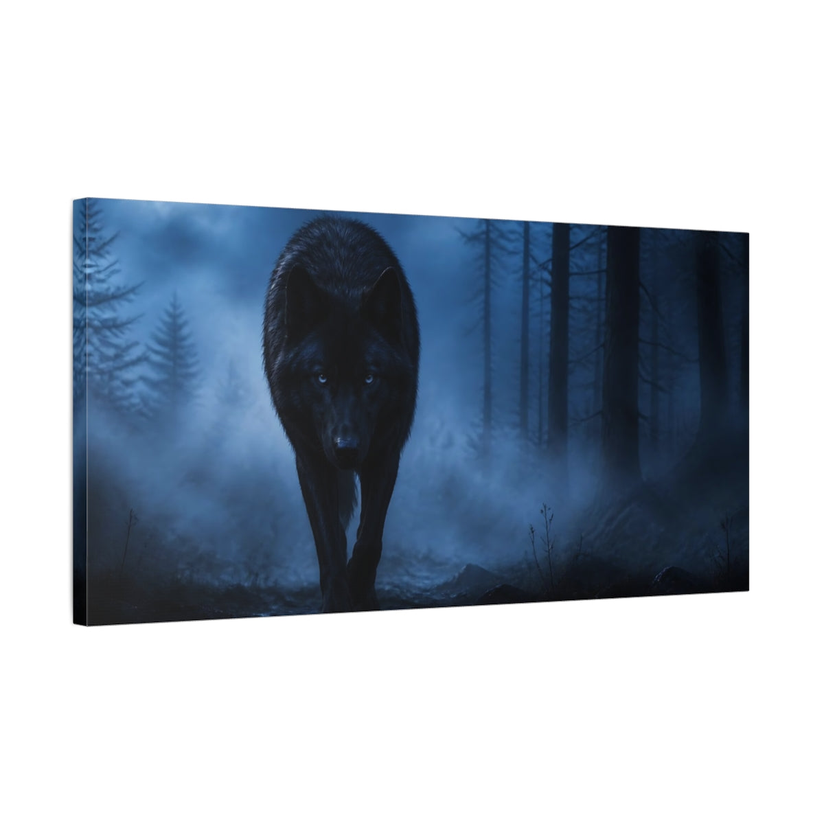 Side Mockup 1. Animals Midnight Black Wolf shown as canvas print