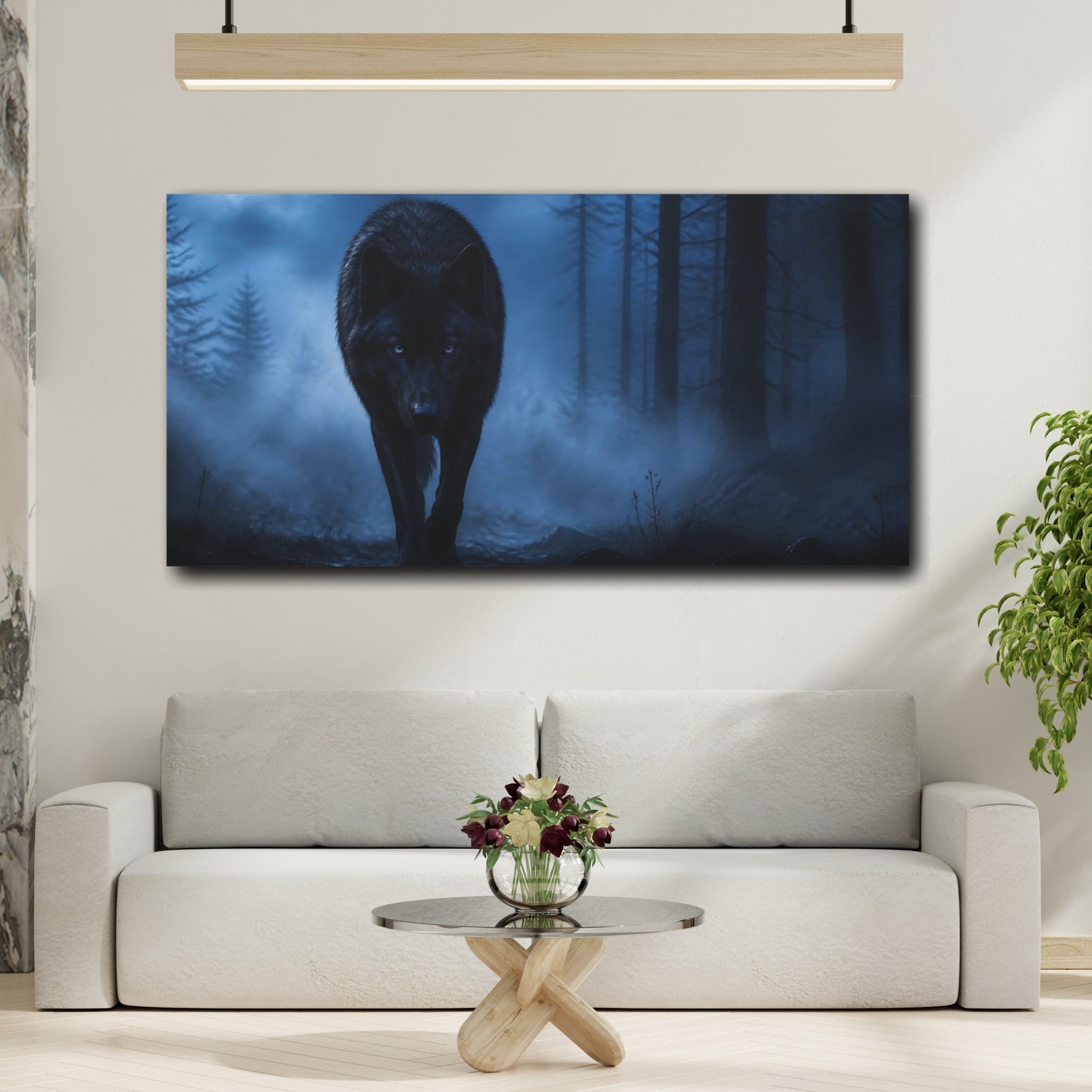 Mockup 2. Animals Midnight Black Wolf shown as canvas print