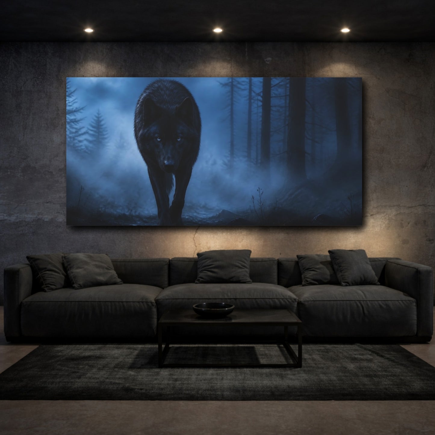 Mockup 3. Animals Midnight Black Wolf shown as canvas print