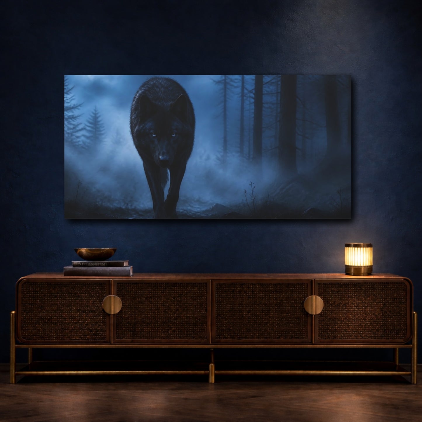 Mockup 4. Animals Midnight Black Wolf shown as canvas print