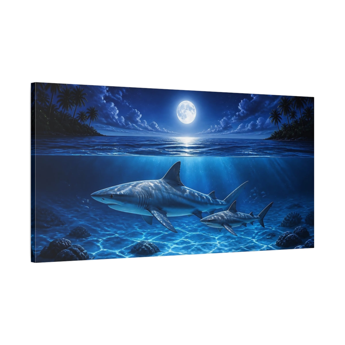 Main Mockup. Animals Moonlit Shark Swim shown as canvas print