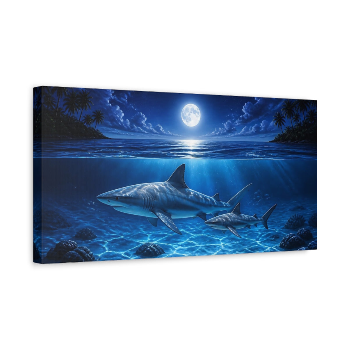 Side Mockup 3. Animals Moonlit Shark Swim shown as canvas print