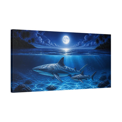 Side Mockup 1. Animals Moonlit Shark Swim shown as canvas print