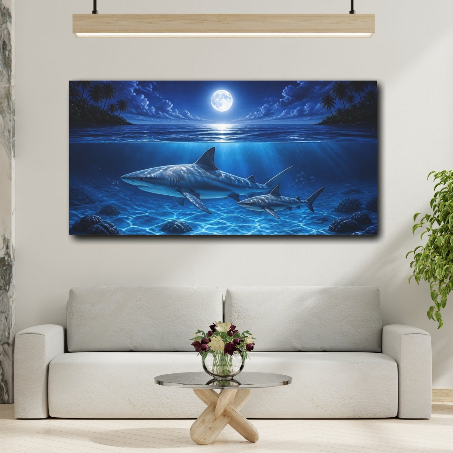 Mockup 2. Animals Moonlit Shark Swim shown as canvas print