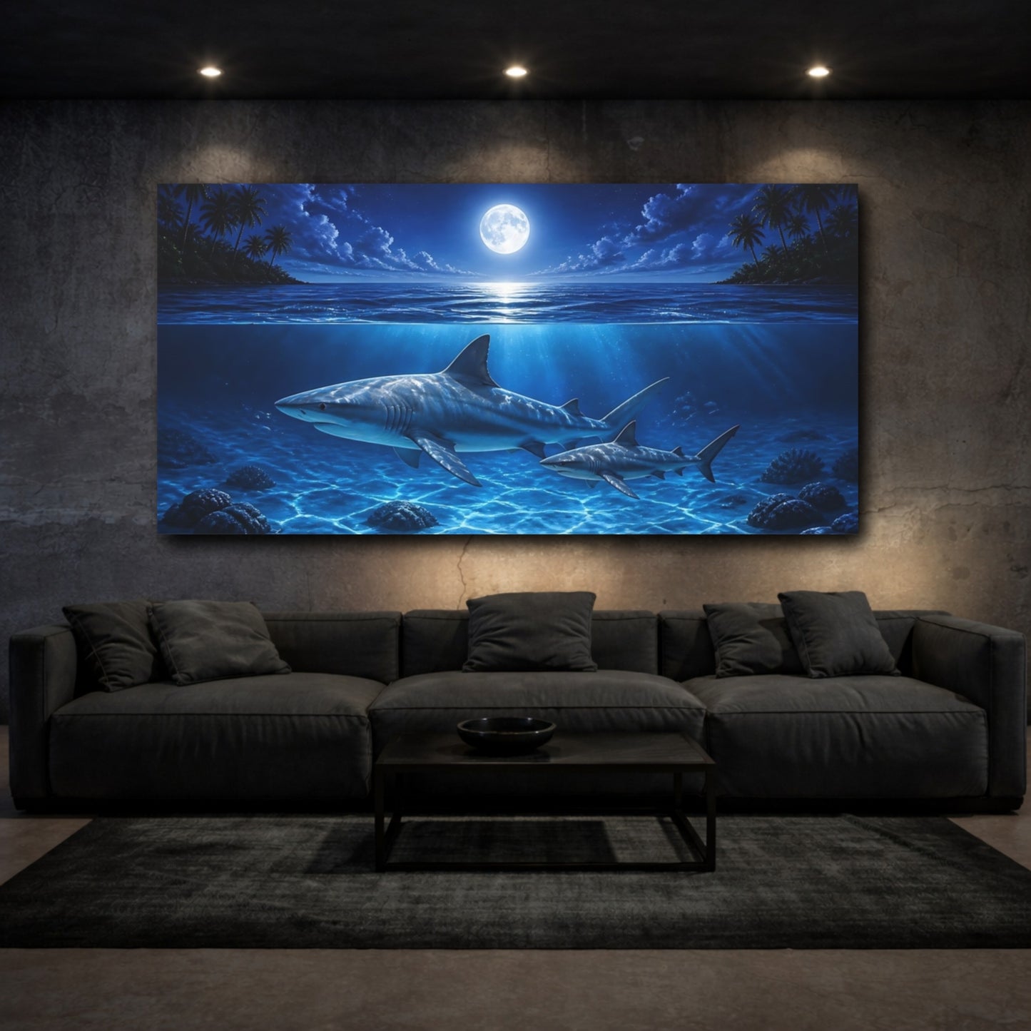 Mockup 3. Animals Moonlit Shark Swim shown as canvas print