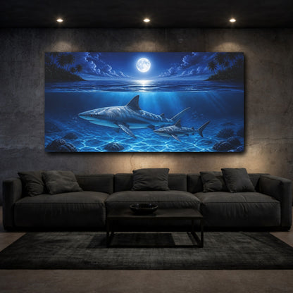 Mockup 3. Animals Moonlit Shark Swim shown as canvas print