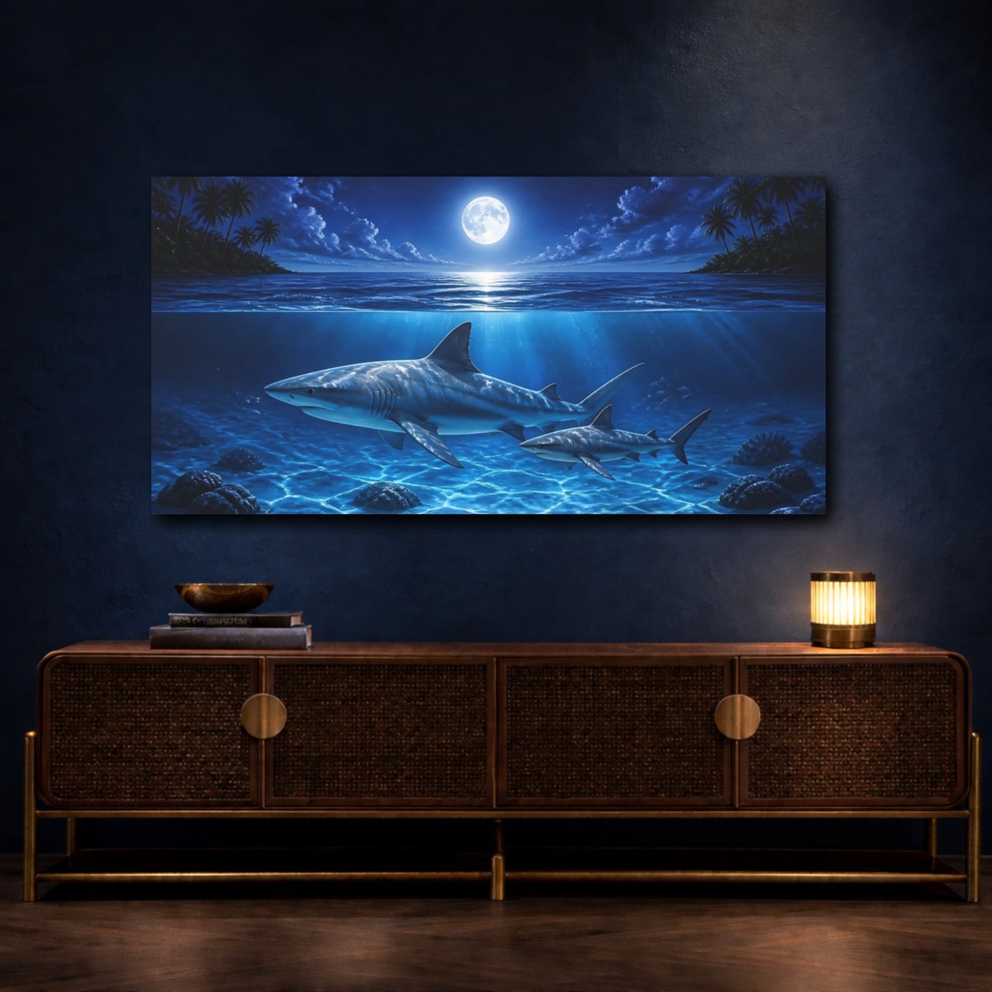 Mockup 4. Animals Moonlit Shark Swim shown as canvas print