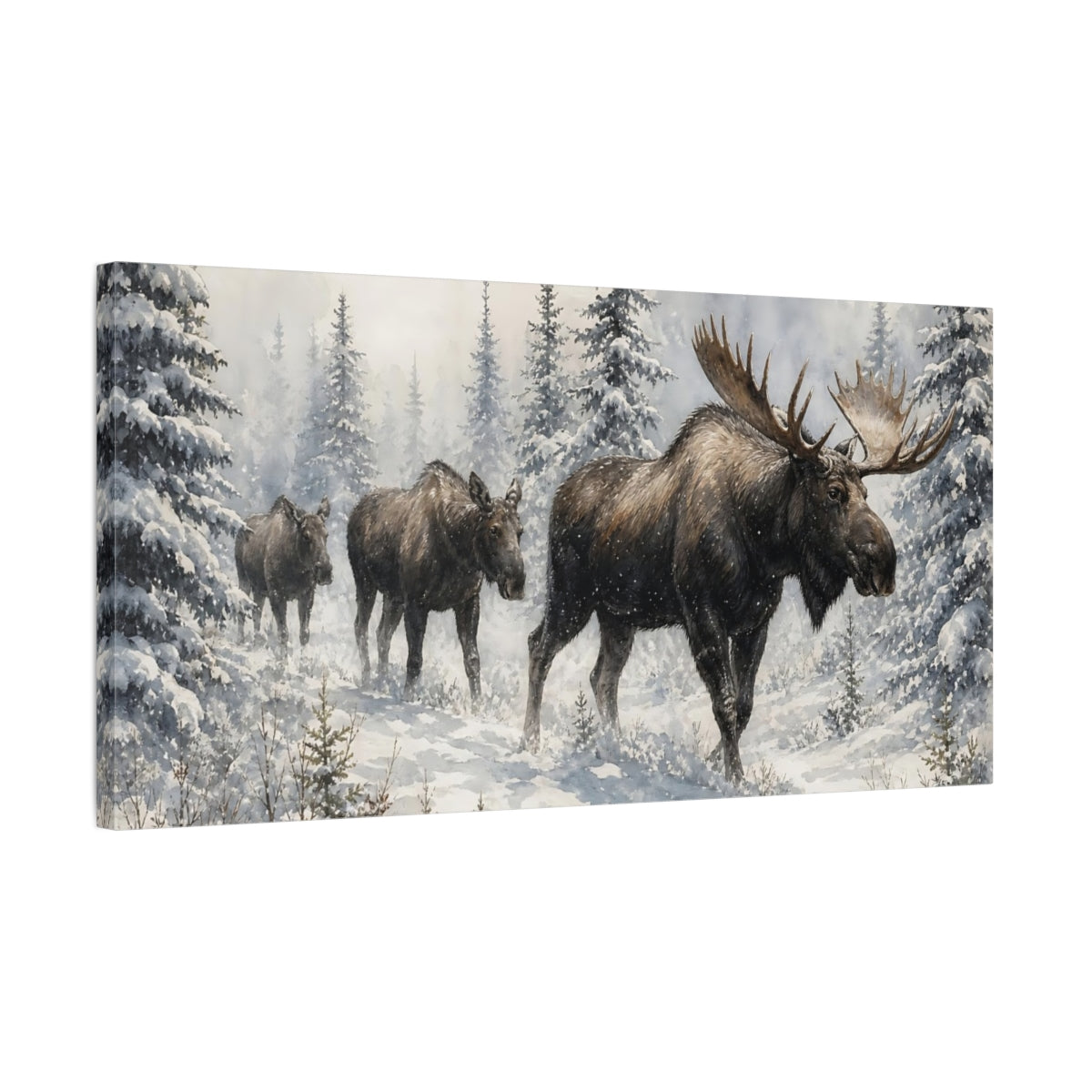 Side Mockup 1. Animals Moose Brown And White Moose shown as stretched canvas wall art