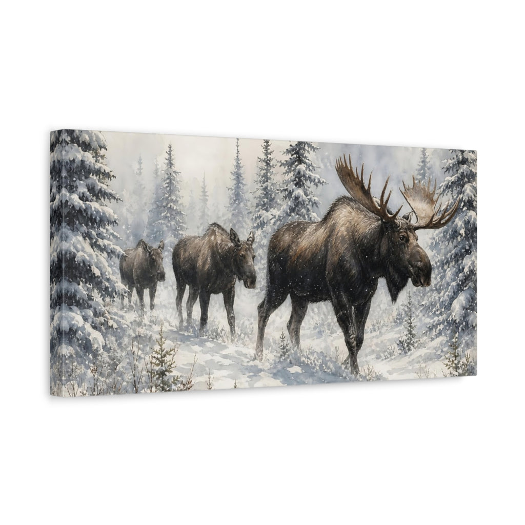 Side Mockup 3. Animals Moose Brown And White Moose shown as stretched canvas wall art