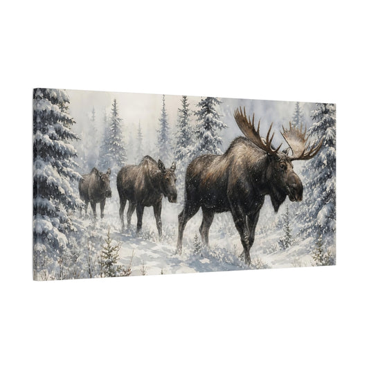 Main Mockup. Animals Moose Brown And White Moose shown as stretched canvas wall art