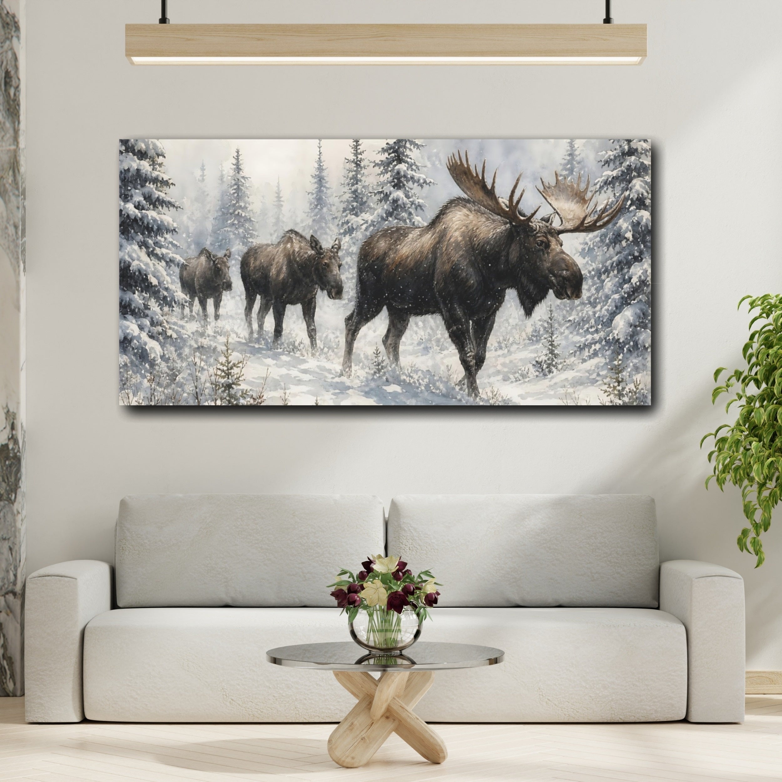 Mockup 2. Animals Moose Brown And White Moose shown as stretched canvas wall art