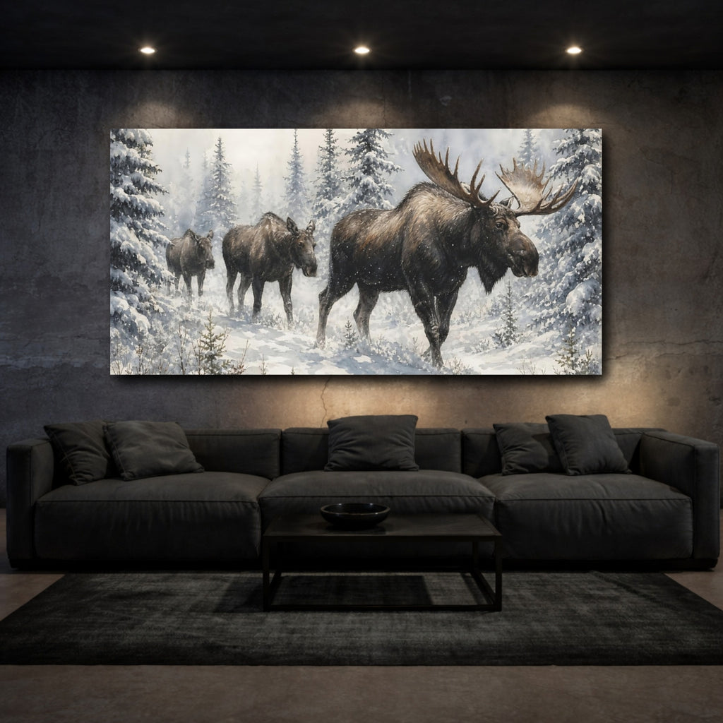 Mockup 3. Animals Moose Brown And White Moose shown as stretched canvas wall art