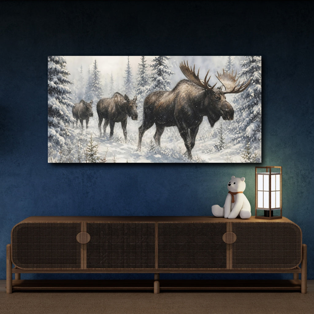 Mockup 4. Animals Moose Brown And White Moose shown as stretched canvas wall art