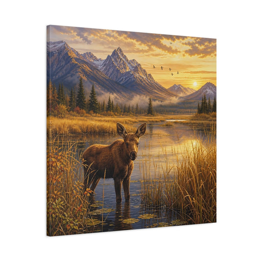 Main Mockup. Animals Moose Calf Golden Hour Wildlife shown as stretched canvas wall art