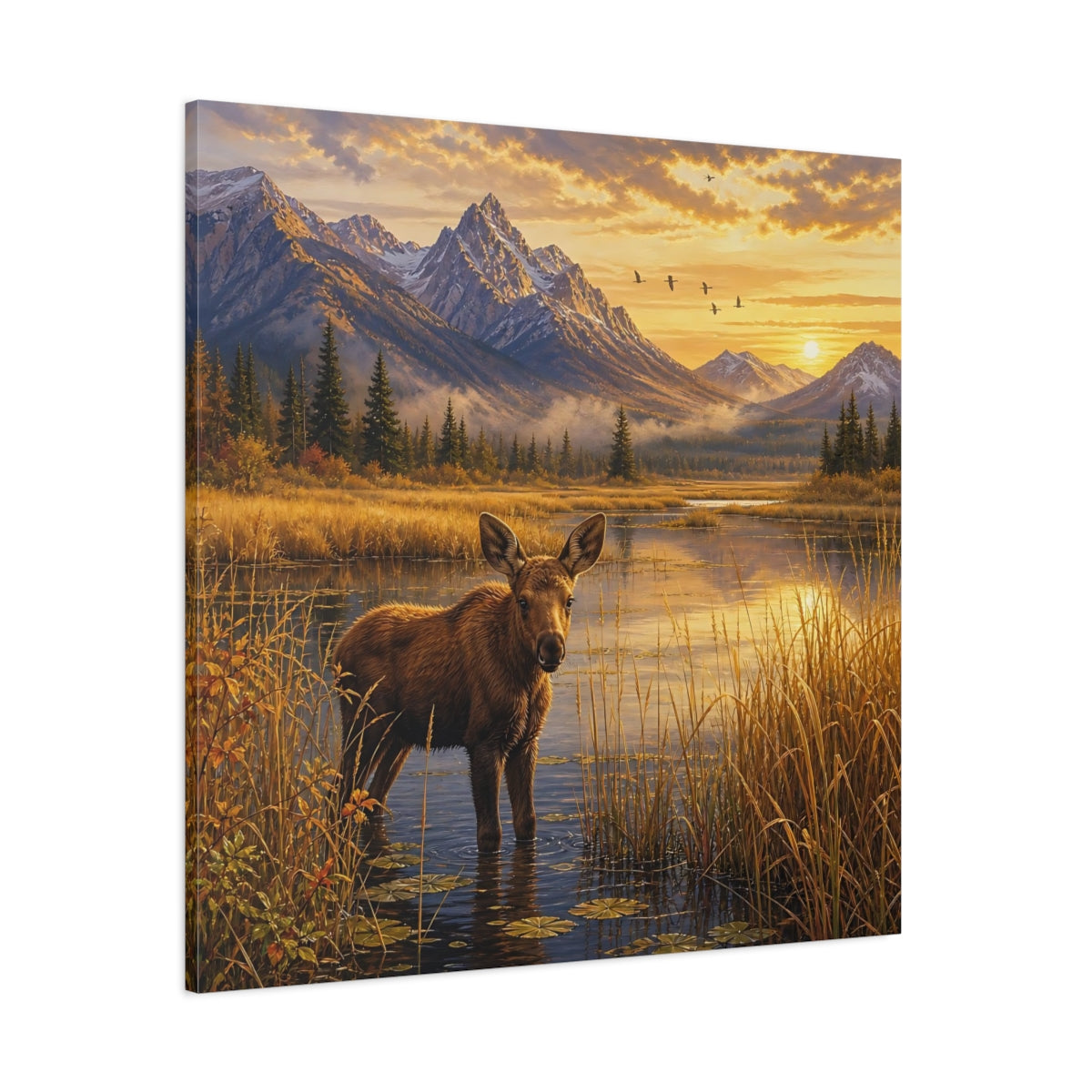 Side Mockup 1. Animals Moose Calf Golden Hour Wildlife shown as stretched canvas wall art