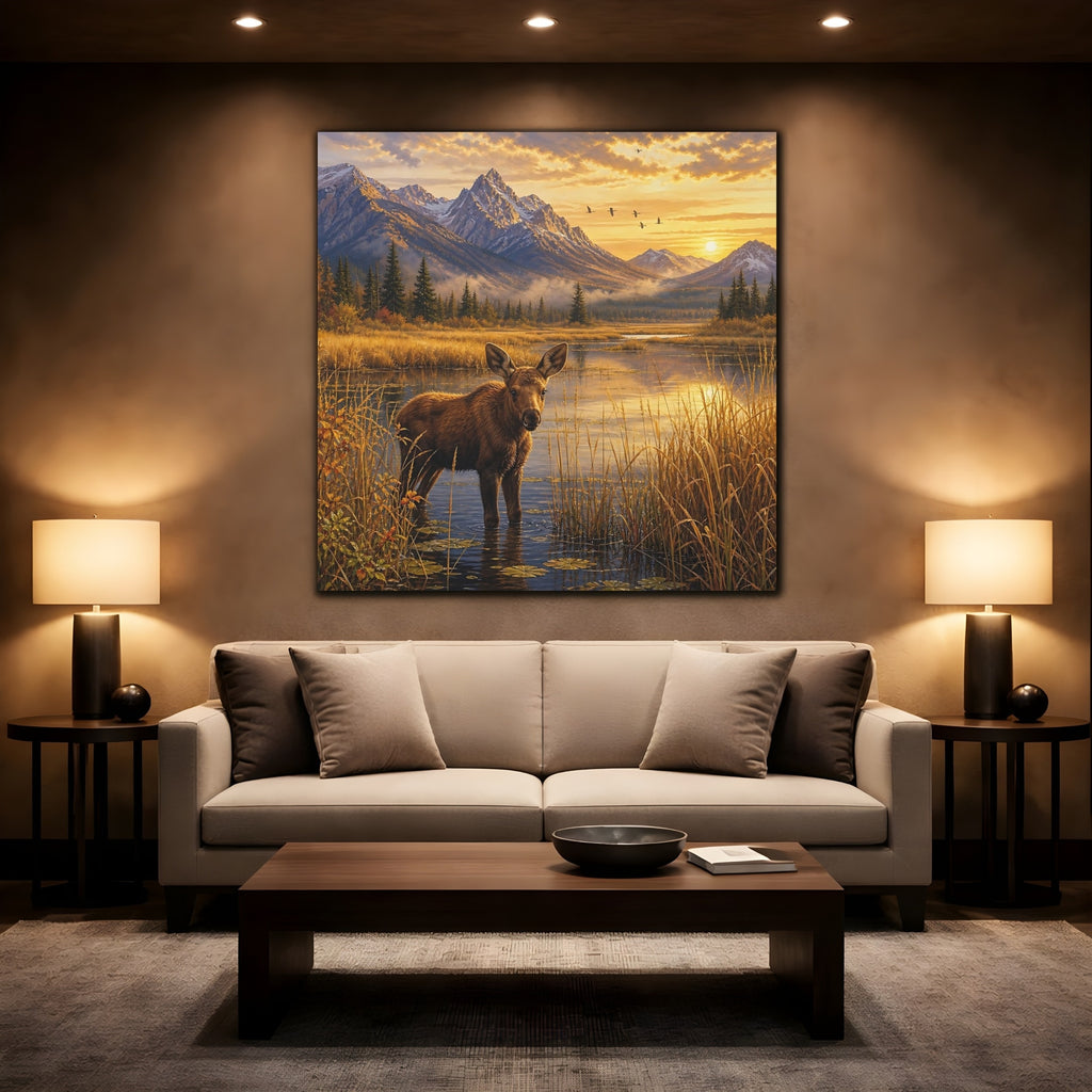 Mockup 2. Animals Moose Calf Golden Hour Wildlife shown as stretched canvas wall art