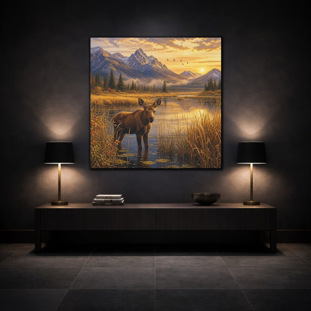 Mockup 3. Animals Moose Calf Golden Hour Wildlife shown as stretched canvas wall art