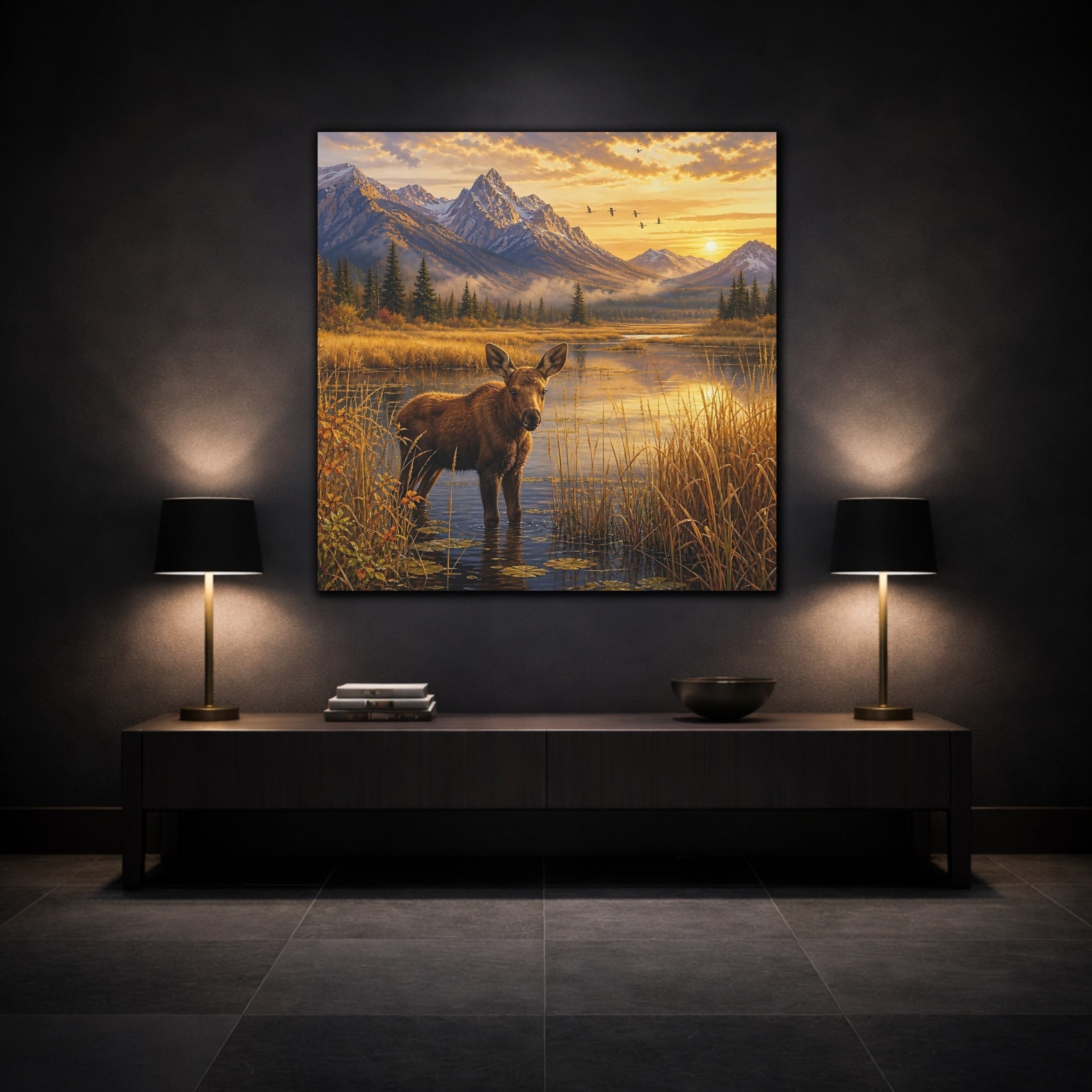 Mockup 3. Animals Moose Calf Golden Hour Wildlife shown as stretched canvas wall art