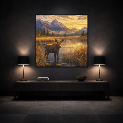 Mockup 3. Animals Moose Calf Golden Hour Wildlife shown as stretched canvas wall art