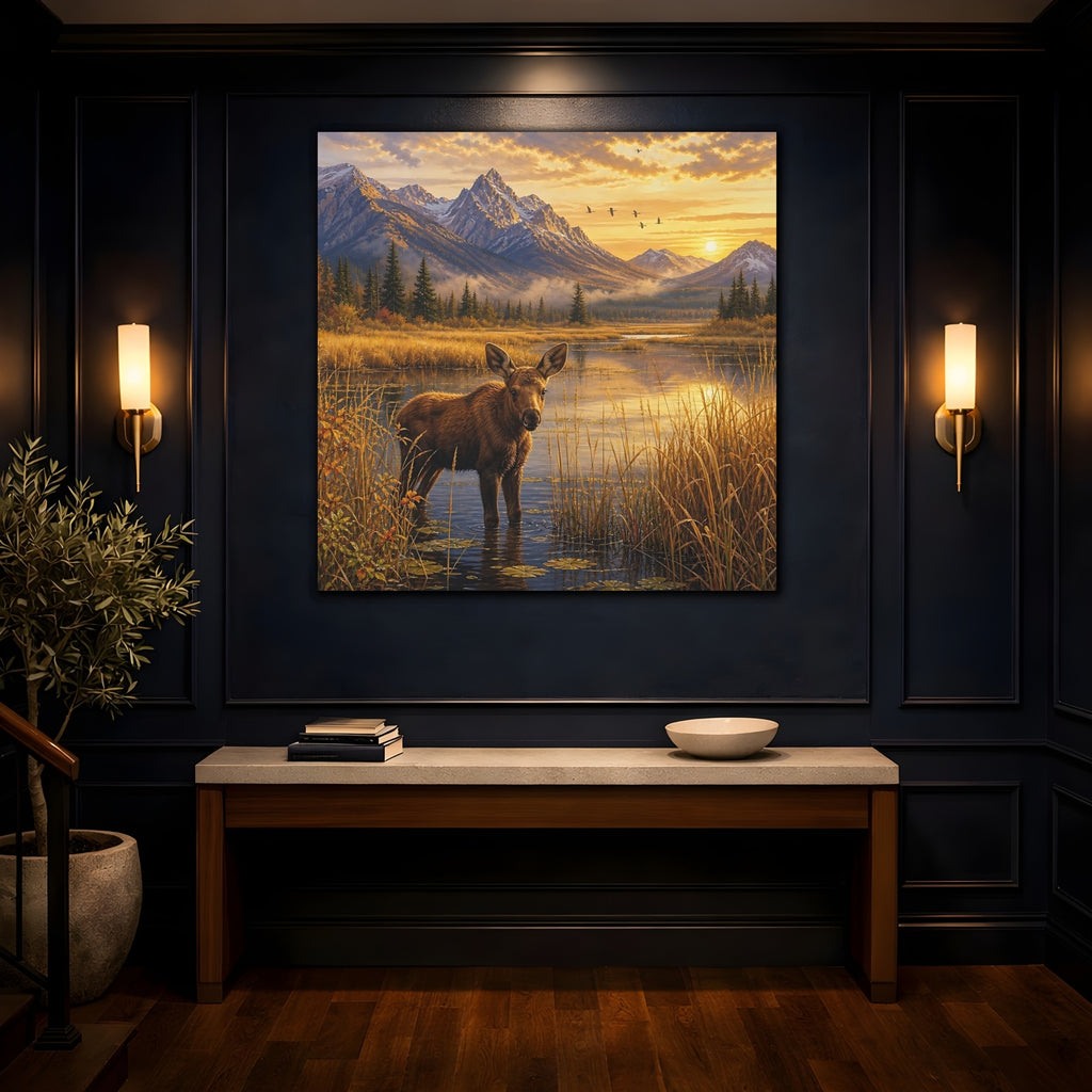 Mockup 4. Animals Moose Calf Golden Hour Wildlife shown as stretched canvas wall art