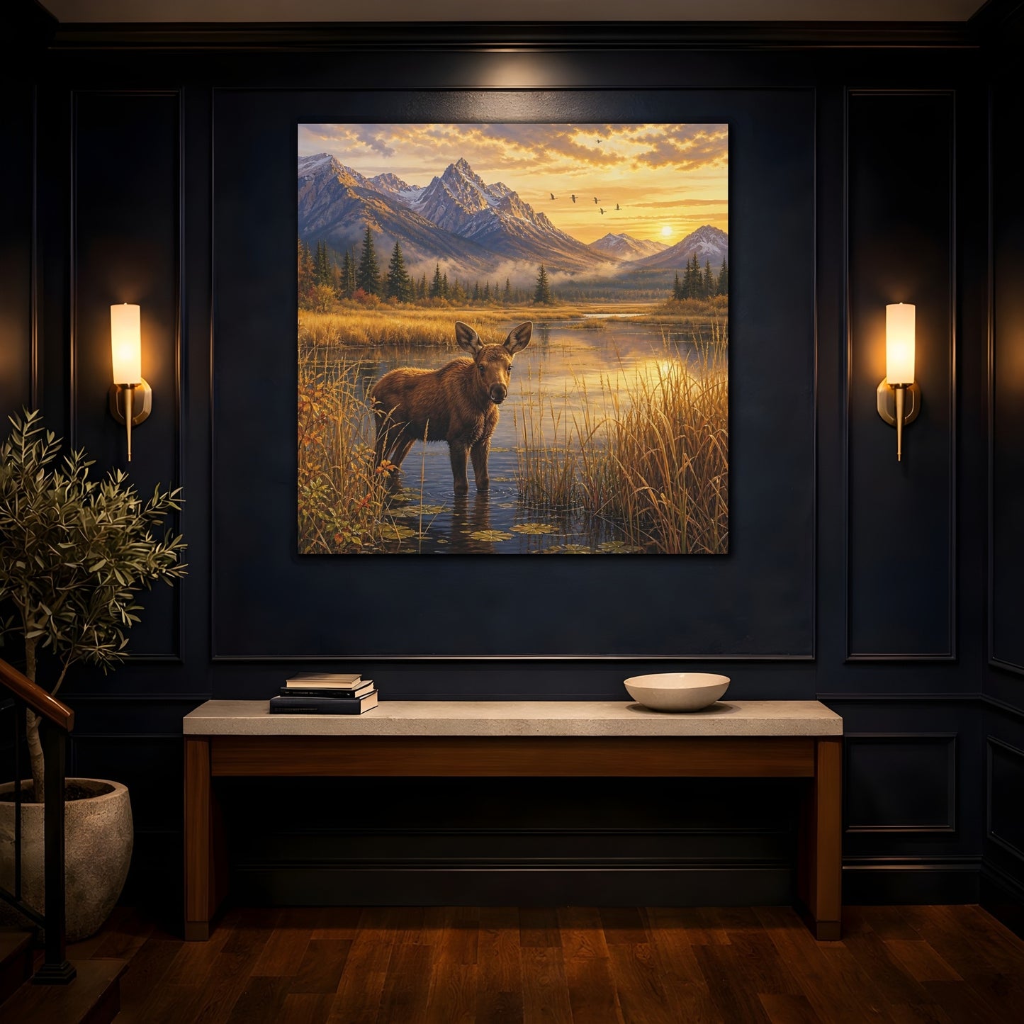 Mockup 4. Animals Moose Calf Golden Hour Wildlife shown as stretched canvas wall art