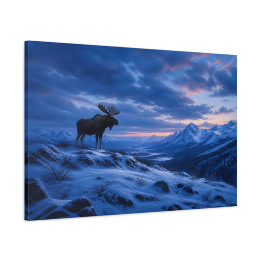 Main Mockup. Animals Moose Moose Snowy Mountains shown as stretched canvas wall art