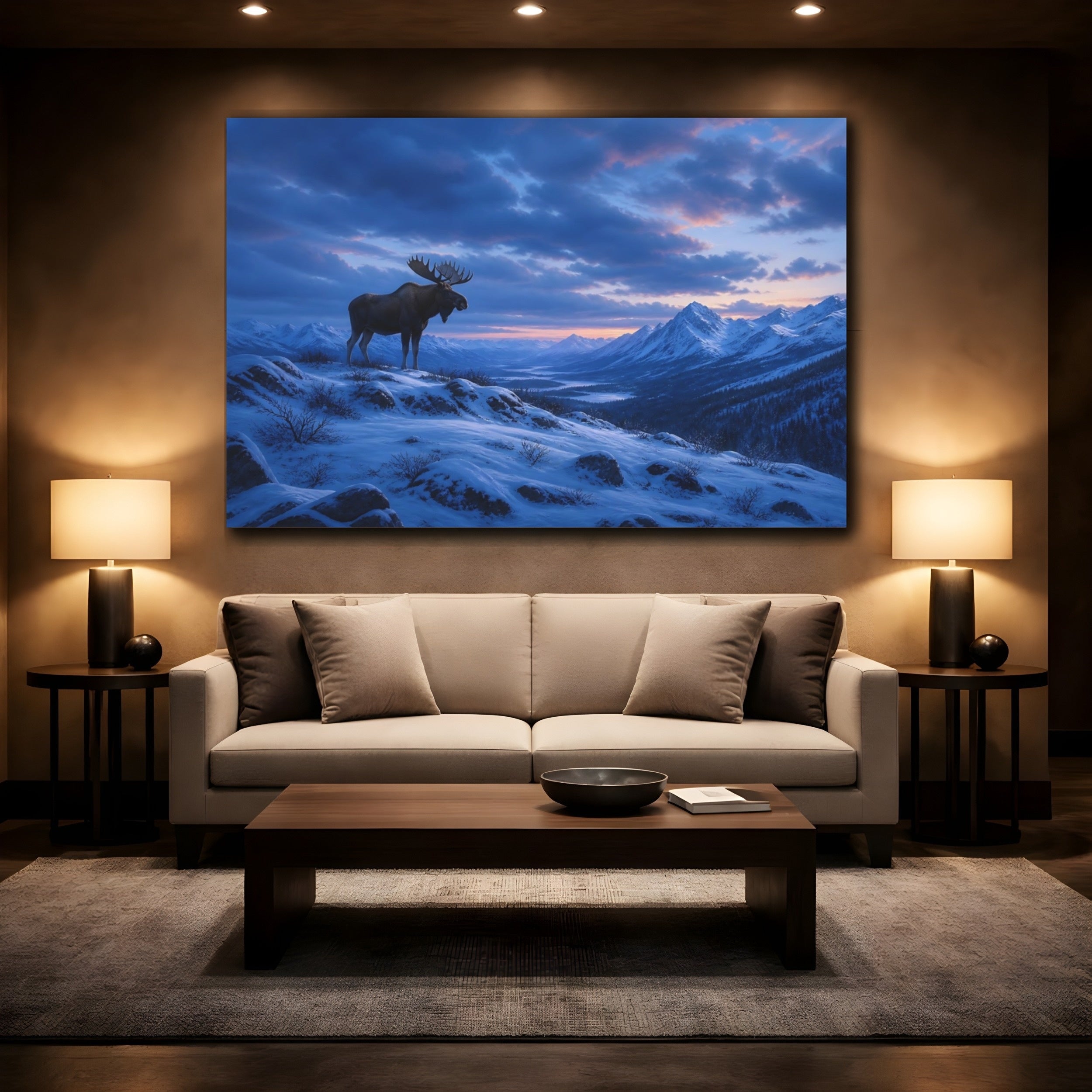Mockup 2. Animals Moose Moose Snowy Mountains shown as stretched canvas wall art