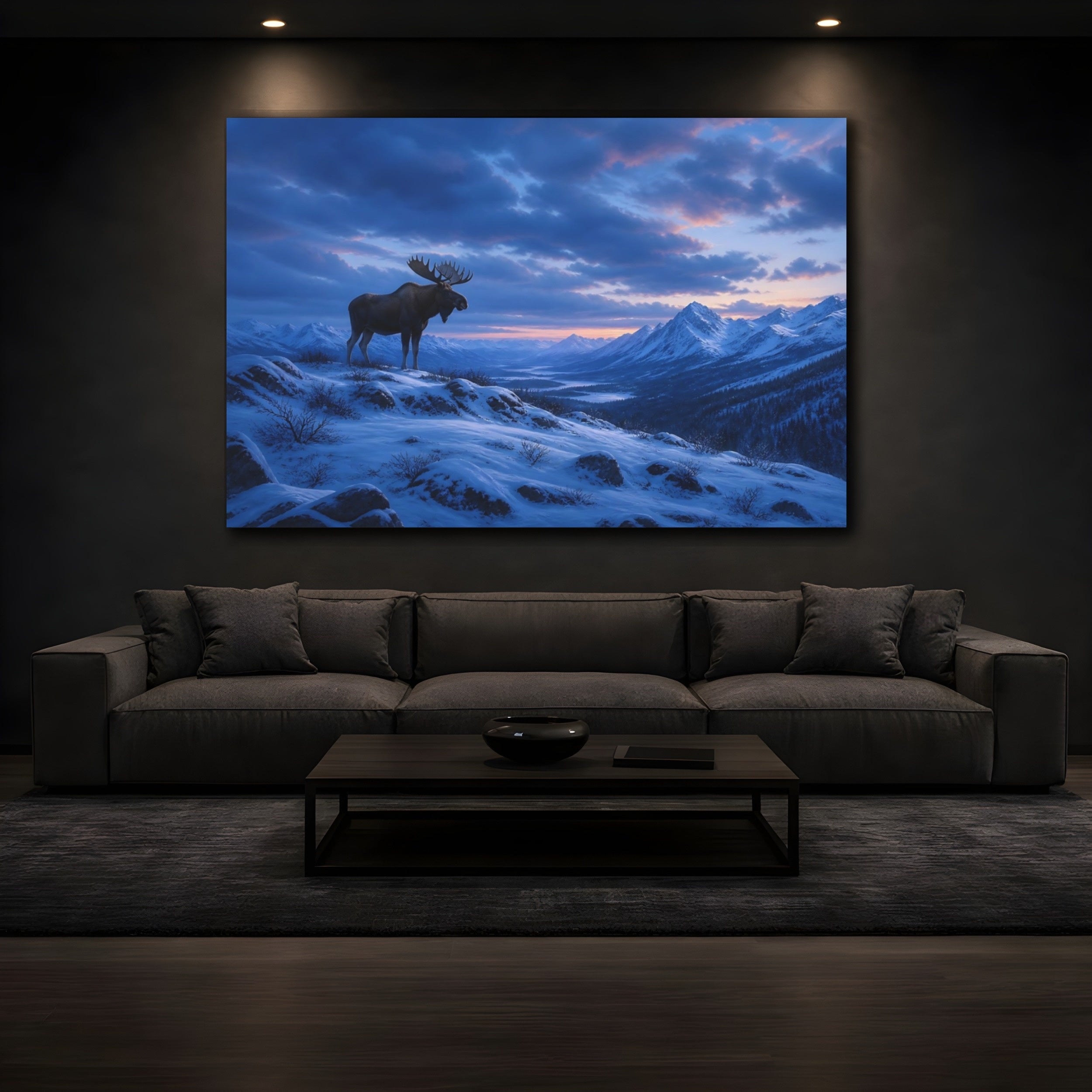 Mockup 3. Animals Moose Moose Snowy Mountains shown as stretched canvas wall art
