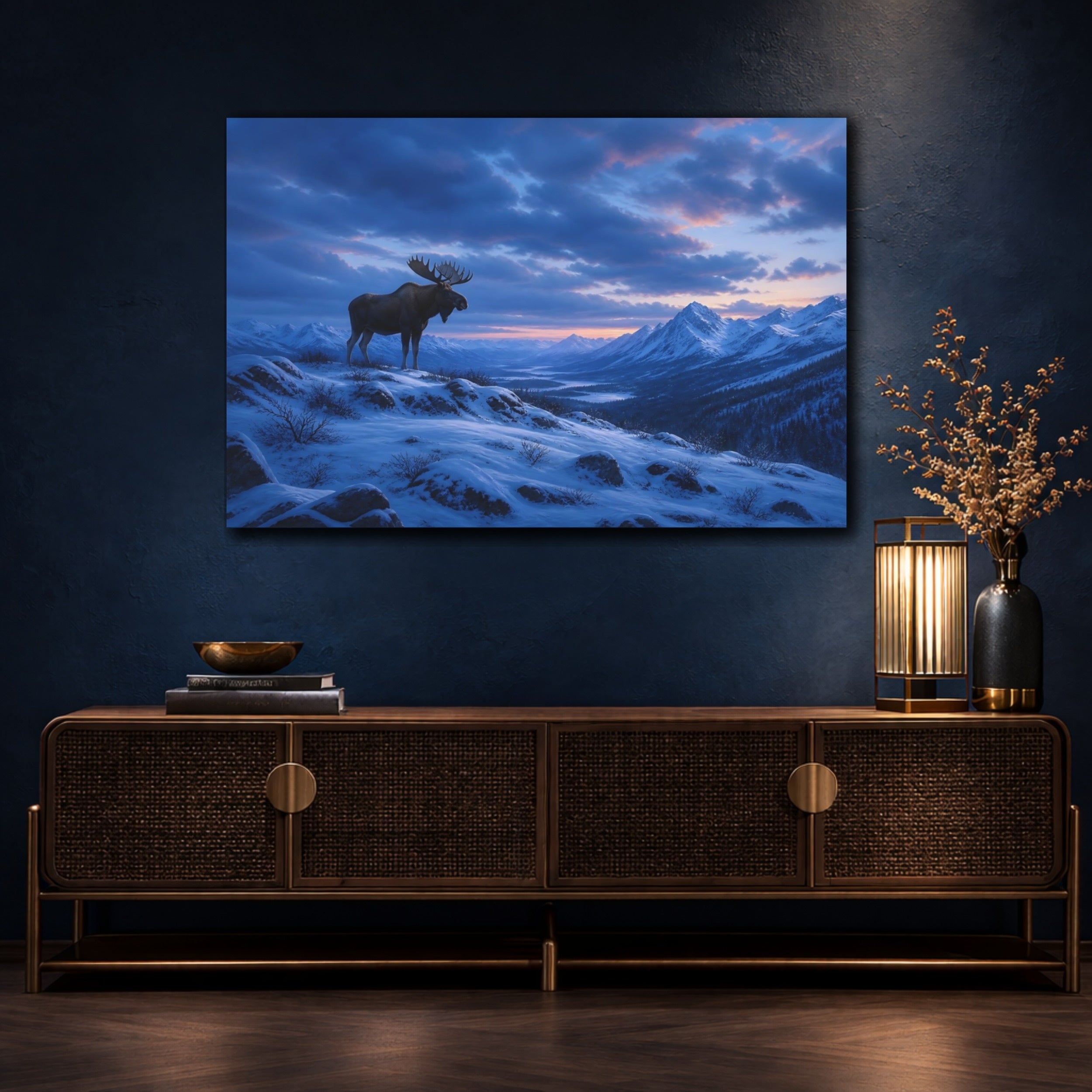 Mockup 4. Animals Moose Moose Snowy Mountains shown as stretched canvas wall art