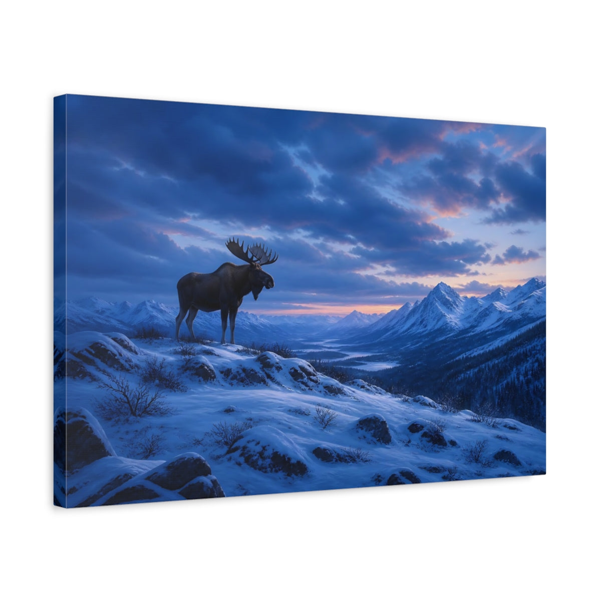 Side Mockup 3. Animals Moose Moose Snowy Mountains shown as stretched canvas wall art