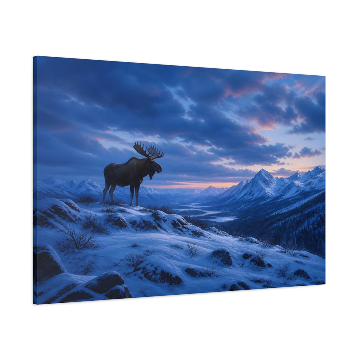 Side Mockup 1. Animals Moose Moose Snowy Mountains shown as stretched canvas wall art
