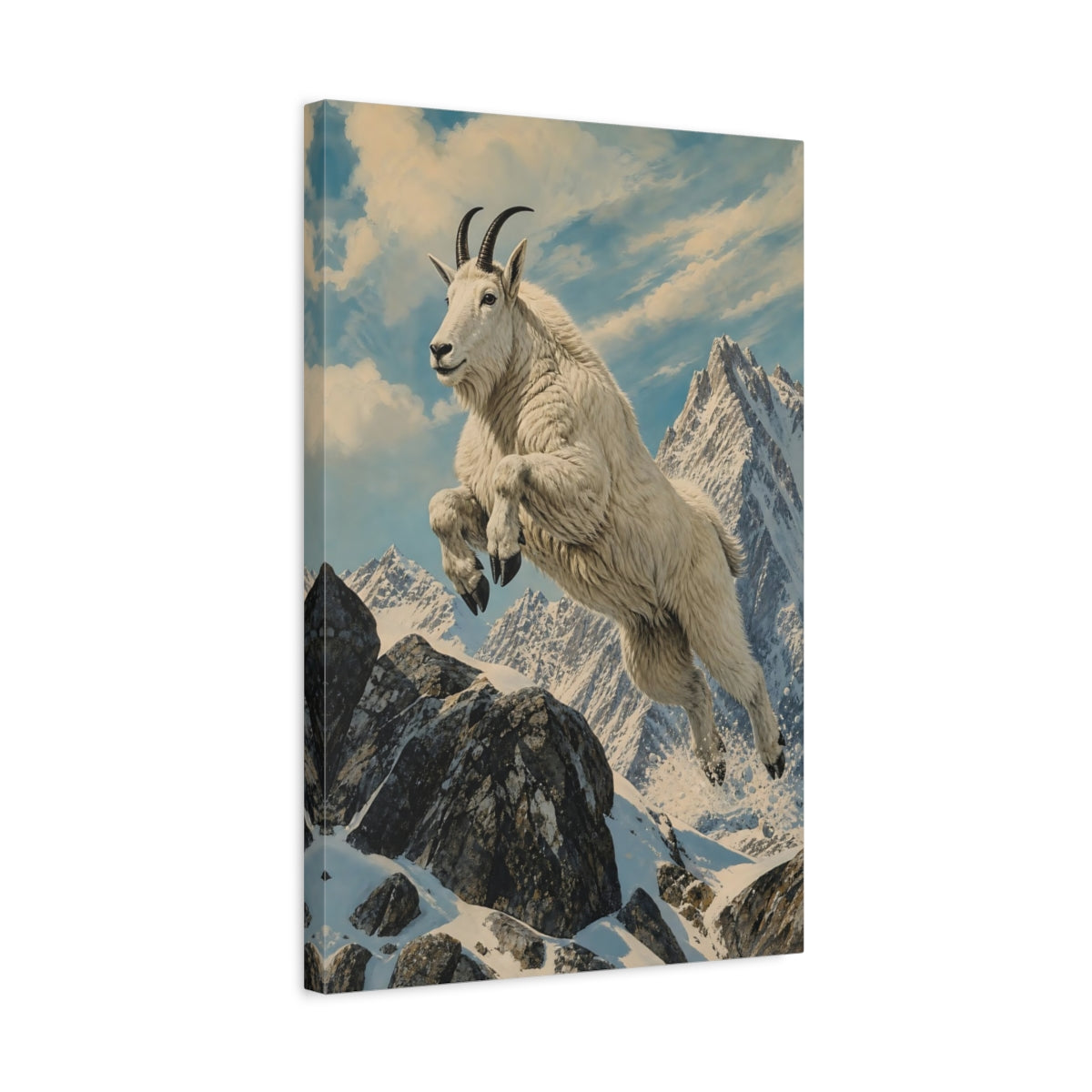 Side Mockup 3. Animals Mountain Goat White Mountain Goat shown as stretched canvas wall art