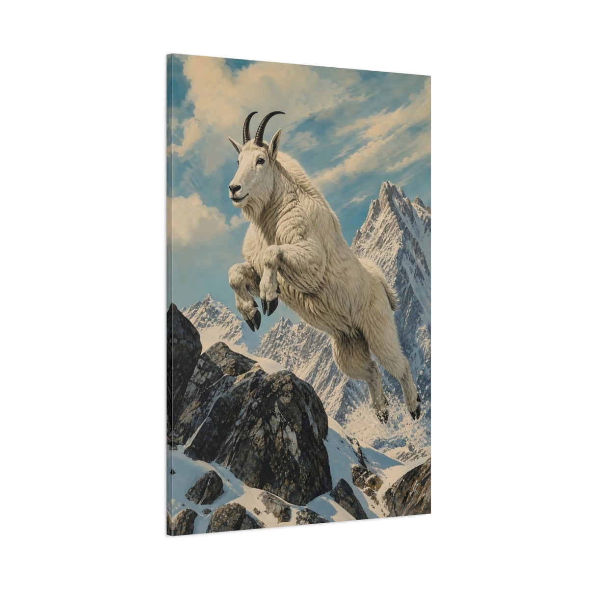 Side Mockup 1. Animals Mountain Goat White Mountain Goat shown as stretched canvas wall art