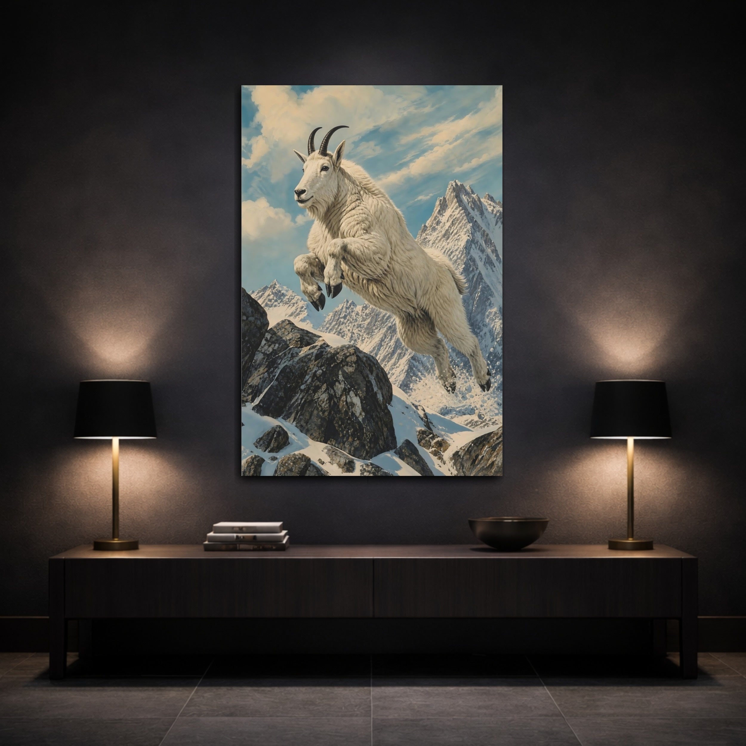 Mockup 3. Animals Mountain Goat White Mountain Goat shown as stretched canvas wall art