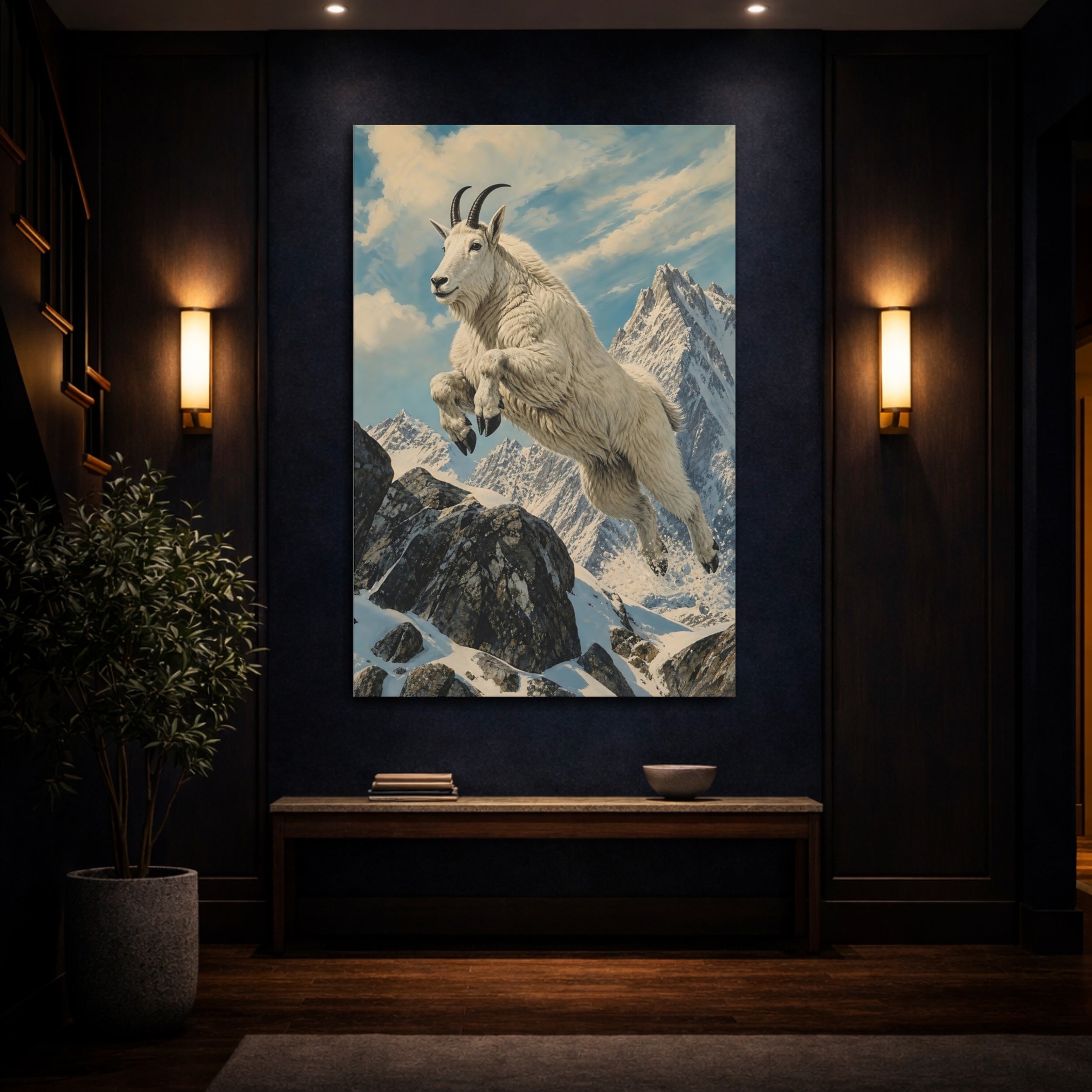 Mockup 4. Animals Mountain Goat White Mountain Goat shown as stretched canvas wall art