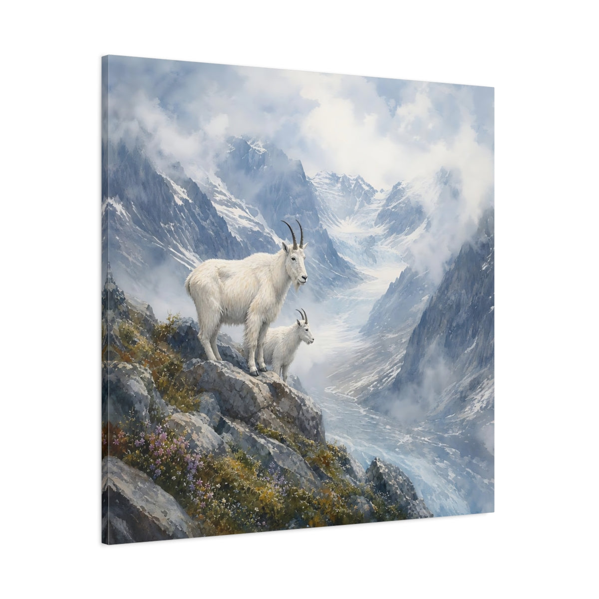 Side Mockup 1. Animals Mountain Goats Mountain Goats Blue shown as stretched canvas wall art